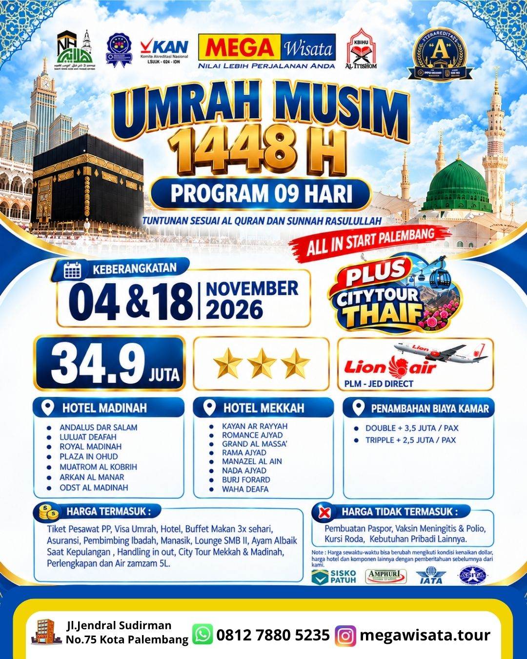 Umrah November 2026, Umrah promo palembang, umrah sesuai sunnah